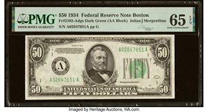 image for: Fr. 2102-A $50 1934 Federal Reserve Note. PMG Gem Uncirculated 65 EPQ....