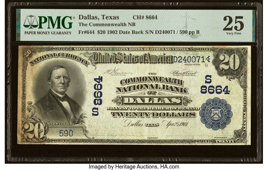 image for: Dallas, TX - $20 1902 Date Back Fr. 644 The Commonwealth National Bank Ch. # (S)8664 PMG Very Fine 25....