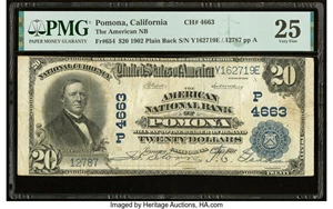 image for: Pomona, CA - $20 1902 Plain Back Fr. 654 The American National Bank Ch. # (P)4663 PMG Very Fine 25....
