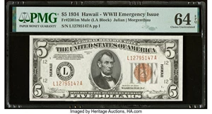 image for: Fr. 2301 $5 1934 Mule Hawaii Federal Reserve Note. PMG Choice Uncirculated 64 EPQ....