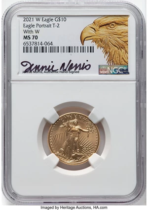 image for: 2021-W $10 Quarter Ounce Gold Eagle, Type Two, Unfinished Proof Dies, MS70 NGC. Authentic Hand-Signed by Jennie Norris. NGC...