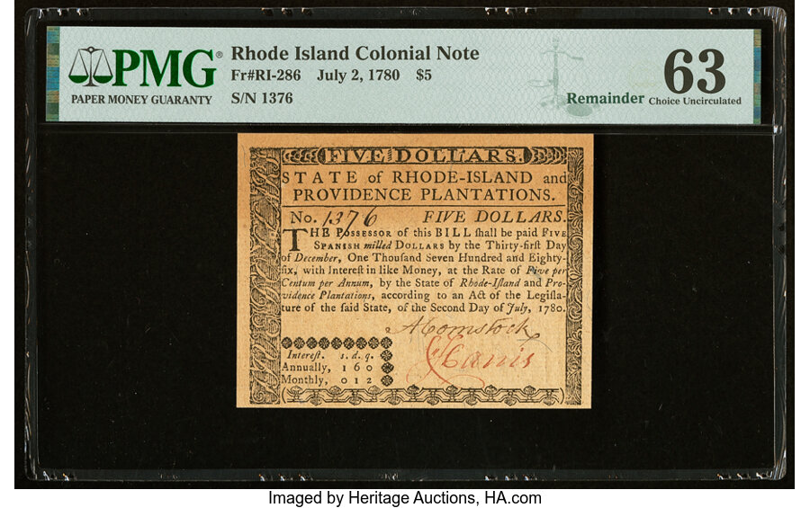 image for: Rhode Island July 2, 1780 $5 Remainder PMG Choice Uncirculated 63....