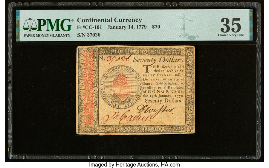 image for: Continental Currency January 14, 1779 $70 PMG Choice Very Fine 35....