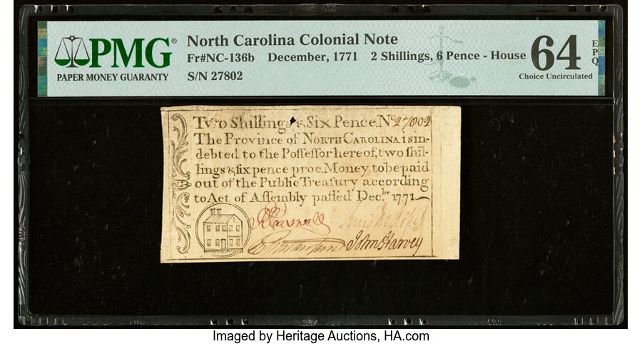 image for: North Carolina December, 1771 2s6d House PMG Choice Uncirculated 64 EPQ....