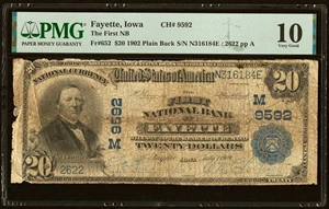 image for: Fayette, IA - $20 1902 Plain Back Fr. 652 The First National Bank Ch. # (M)9592 PMG Very Good 10....