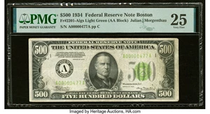 image for: Fr. 2201-A $500 1934 Light Green Seal Federal Reserve Note. PMG Very Fine 25....