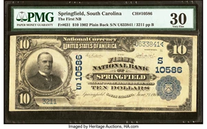 image for: Springfield, SC - $10 1902 Plain Back Fr. 631 The First National Bank Ch. # (S)10586 PMG Very Fine 30....