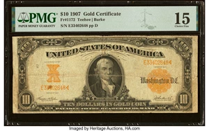 image for: Fr. 1172 $10 1907 Gold Certificate PMG Choice Fine 15....