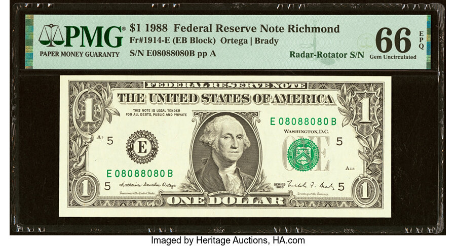 image for: Radar-Rotator Serial Number 08088080 Fr. 1914-E $1 1988 Federal Reserve Note. PMG Gem Uncirculated 66 EPQ....