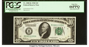 image for: Fr. 2000-K $10 1928 Federal Reserve Note. PCGS Gem New 66PPQ....