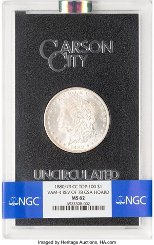 image for: 1880/79-CC $1 Reverse of 1878, VAM-4, GSA, MS62 NGC. A Top 100 Variety. Box and COA Included. NGC Census: (337/1076). PCGS ...
