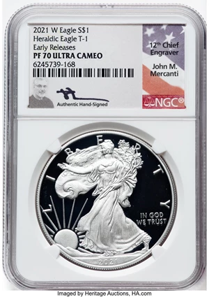 image for: 2021-W $1 Silver Eagle, Type One, Early Releases, PR70 Ultra Cameo NGC. Hand-signed, John M. Mercanti....
