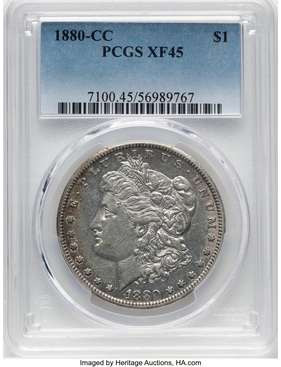 image for: 1880-CC $1 Reverse of 1879, 8/7 Dash, VAM-3A, XF45 PCGS. Mintage 591,000....