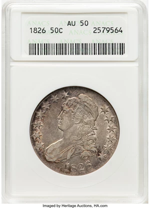 image for: 1826 50C O-114, R.4, AU50 ANACS. Housed in a small-sized holder. Mintage 4,000,000....