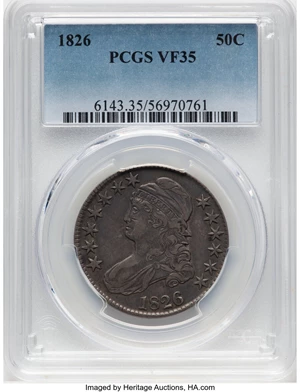 image for: 1826 50C O-105, R.3, VF35 PCGS. Mintage 4,000,000....