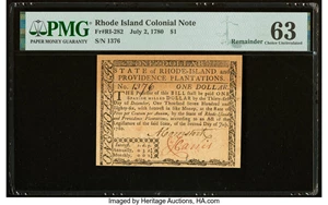 image for: Rhode Island July 2, 1780 $1 Remainder PMG Choice Uncirculated 63....