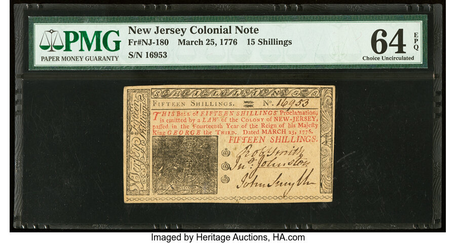 image for: New Jersey March 25, 1776 15s PMG Choice Uncirculated 64 EPQ....