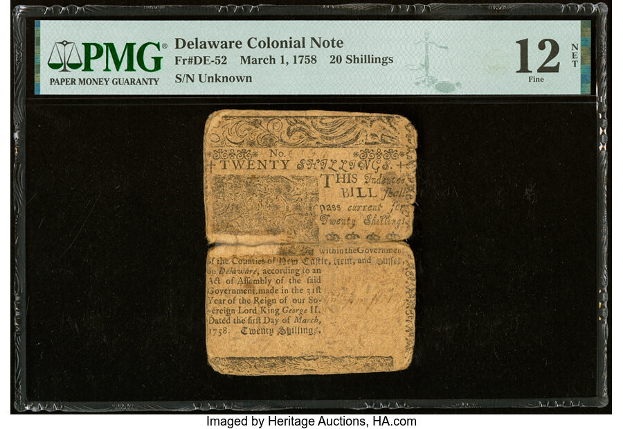 image for: Delaware March 1, 1758 20s PMG Fine 12 Net....