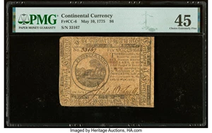 image for: Continental Currency May 10, 1775 $6 PMG Choice Extremely Fine 45....
