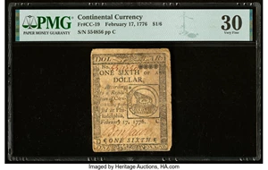 image for: Continental Currency February 17, 1776 $1/6 PMG Very Fine 30....