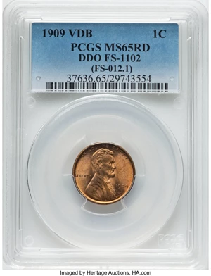image for: 1909 1C VDB, Doubled Die Obverse, FS-1102, MS65 Red PCGS. (FS-012.1). PCGS Population: (56/28)....