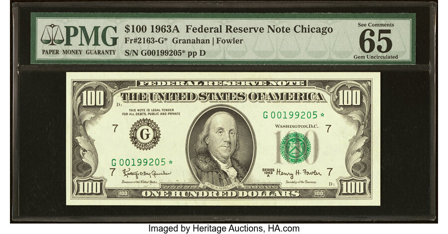 image for: Fr. 2163-G* $100 1963A Federal Reserve Star Note. PMG Gem Uncirculated 65 EPQ....