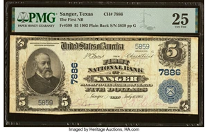 image for: Sanger, TX - $5 1902 Plain Back Fr. 599 The First National Bank Ch. # 7886 PMG Very Fine 25....