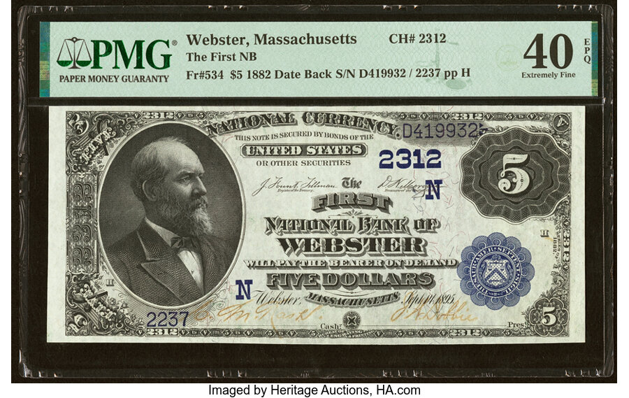 image for: Webster, MA - $5 1882 Date Back Fr. 534 The First National Bank Ch. # (N)2312 PMG Extremely Fine 40 EPQ....