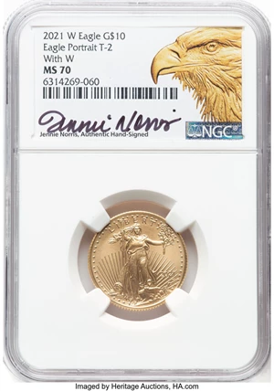 image for: 2021-W $10 Quarter Ounce Gold Eagle, Type Two, Unfinished Proof Dies, With W MS70 NGC. Jennie Norris, Authentic Hand-Signed...