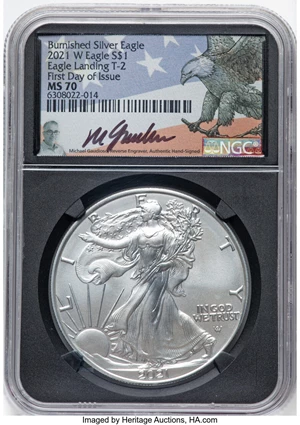 image for: 2021-W $1 Silver Eagle, Type Two, Burnished, First Day of Issue, MS70 NGC. Hand-signed, Michael Gaudioso....