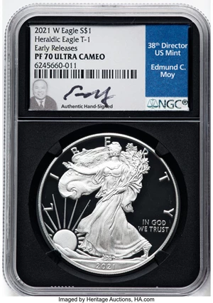 image for: 2021-W $1 Silver Eagle, Type One, Early Releases, PR70 Ultra Cameo NGC. Hand-signed, Edmund C. Moy....