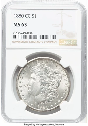 image for: 1880-CC $1 Reverse of 1879, 8/7 Dash, VAM-8, MS63 NGC. Mintage 591,000....