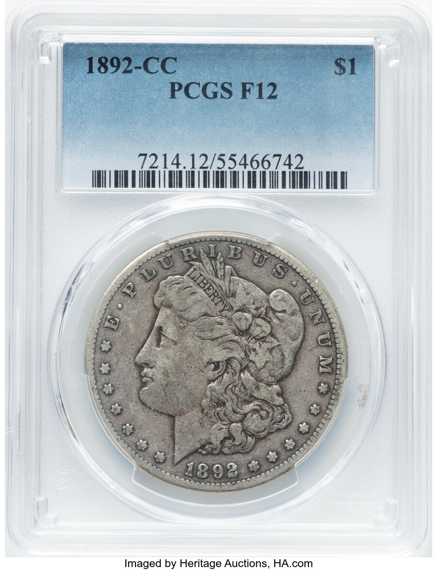1892-CC $1 Fine 12 PCGS. Mintage 1,352,000. ...
