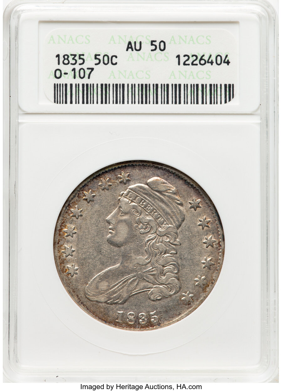 image for: 1835 50C O-107, R.1, AU50 ANACS. Housed in a small-sized holder.  Mintage 5,352,006....