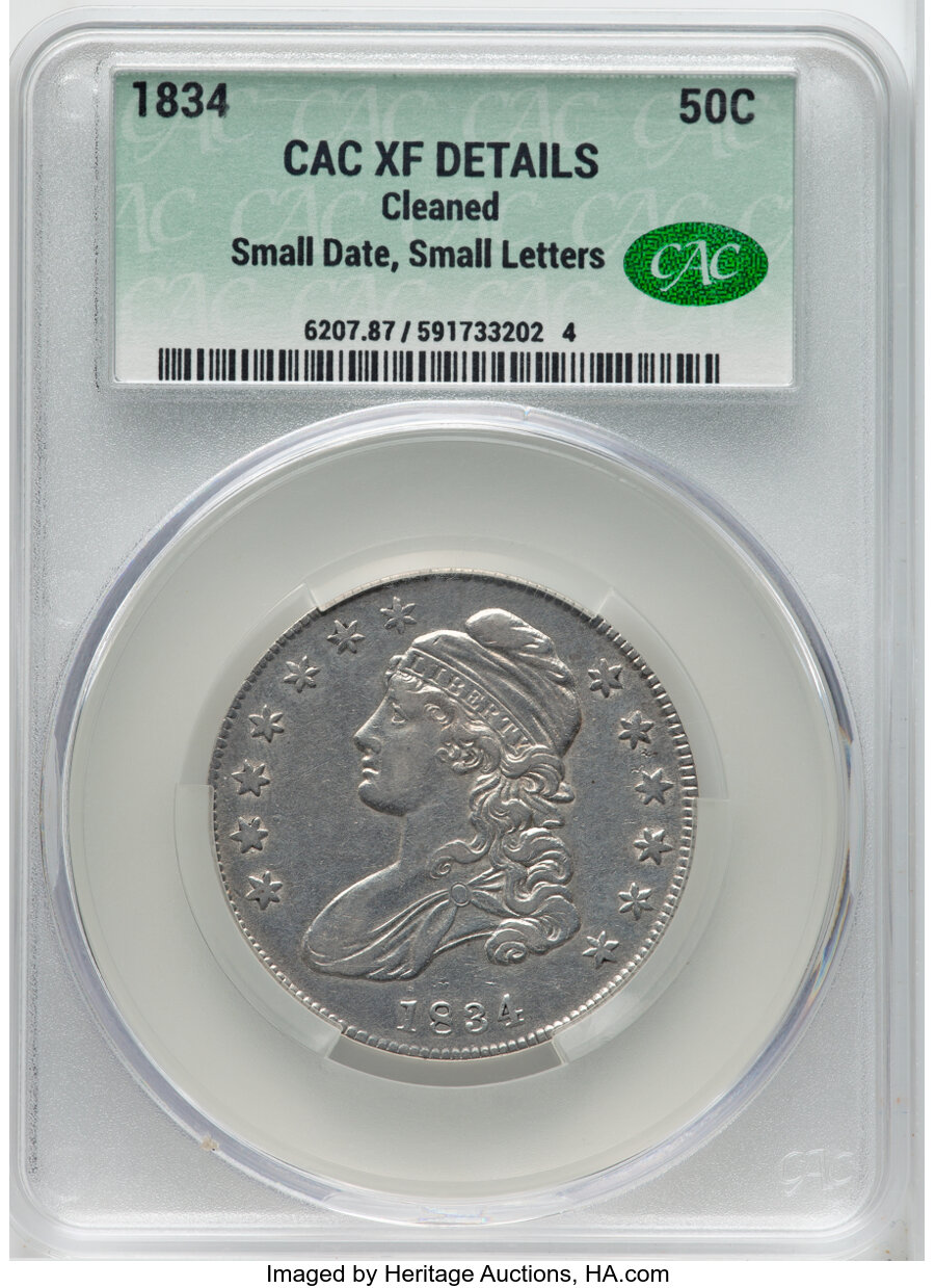 image for: 1834 50C Small Date, Small Letters, O-117, R.2 -- Cleaned -- CACG Details. XF....