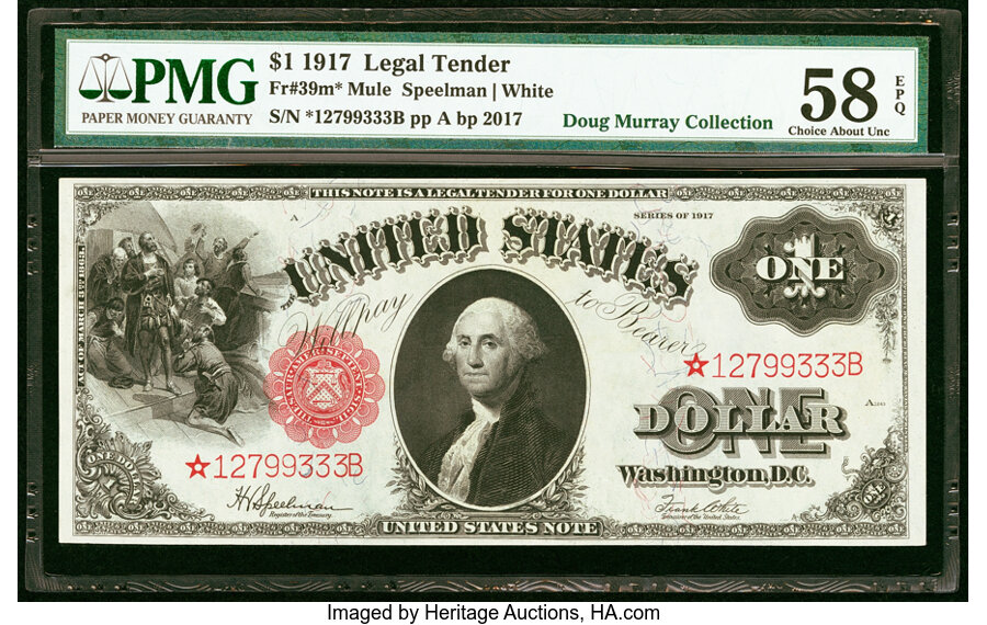 image for: Fr. 39* $1 1917 Mule Legal Tender Star PMG Choice About Unc 58 EPQ....