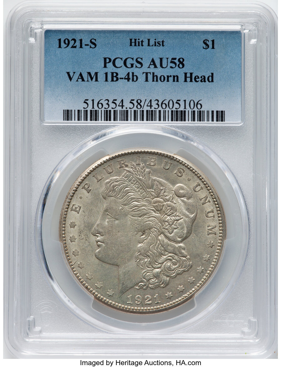image for: 1921-S $1 Thorn Head, VAM 1B-4B, AU58 PCGS. A Hit List 40 Variety. PCGS Population: (2/6).  Mintage 21,695,000....