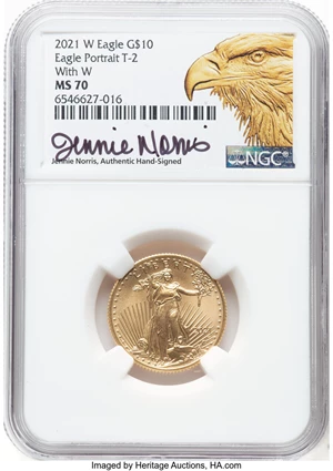 image for: 2021-W $10 Quarter Ounce Gold Eagle, Type Two, Unfinished Proof Dies, With W MS70 NGC. Jennie Norris, Authentic Hand-Signed...