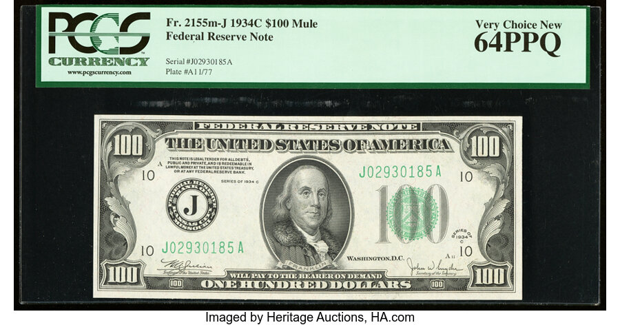 image for: Fr. 2155-J $100 1934C Mule Federal Reserve Note. PCGS Very Choice New 64PPQ....