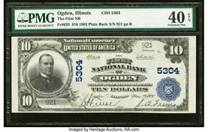image for: Ogden, IL - $10 1902 Plain Back Fr. 633 The First National Bank Ch. # 5304 PMG Extremely Fine 40 EPQ....