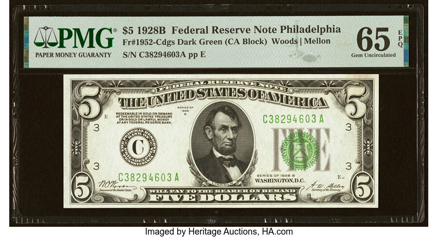 image for: Fr. 1952-C $5 1928B Federal Reserve Note. PMG Gem Uncirculated 65 EPQ....