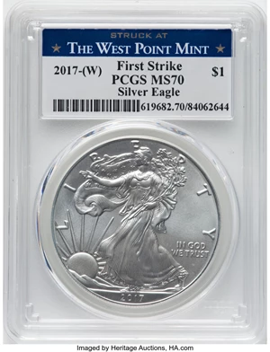image for: 2017-W $1 One-Ounce Silver Eagle, Struck at The West Point Mint, First Strike MS70 PCGS....