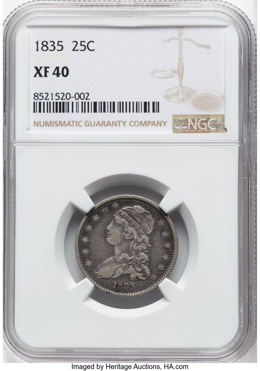 image for: 1835 25C B-2, R.2, XF40 NGC.  Mintage 1,952,000....