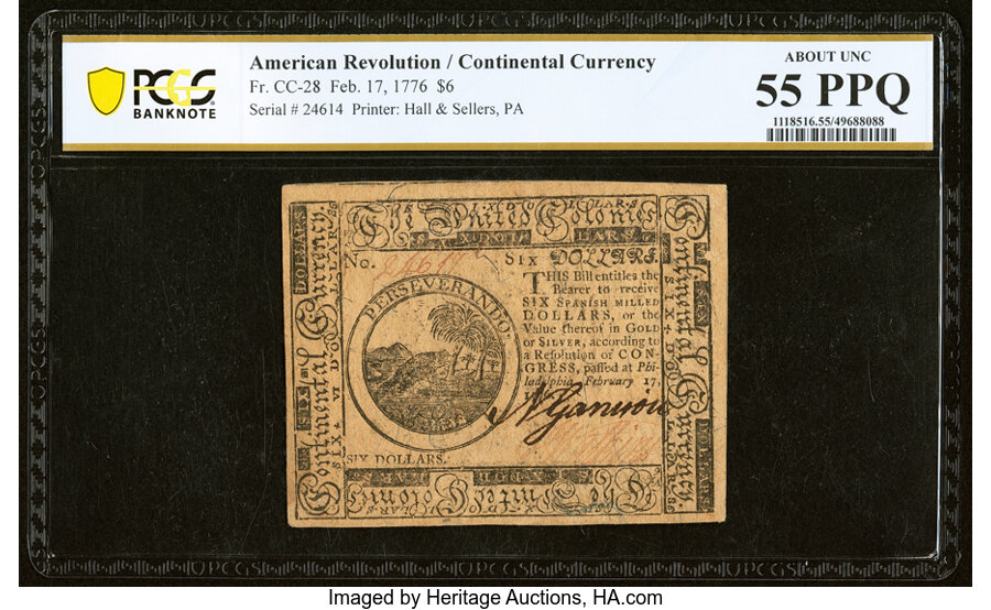image for: Continental Currency February 17, 1776 $6 PCGS Banknote About Unc 55 PPQ....