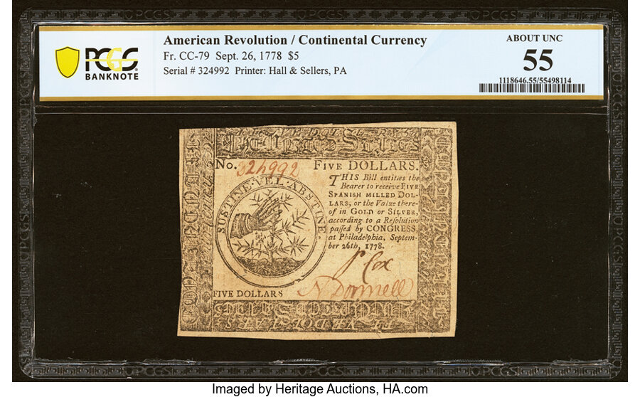 image for: Continental Currency September 26, 1778 $5 PCGS Banknote About Unc 55....