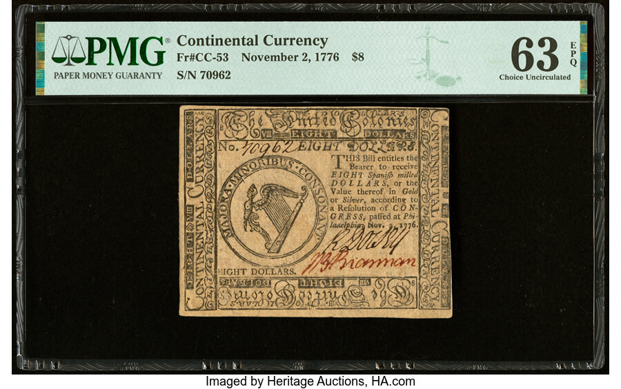 image for: Continental Currency November 2, 1776 $8 PMG Choice Uncirculated 63 EPQ....