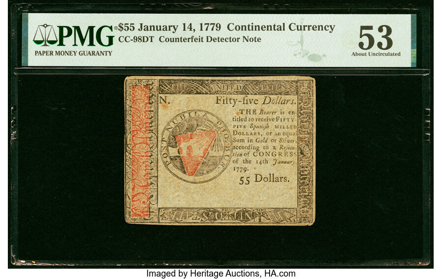 image for: Continental Currency January 14, 1779 $55 Blue Counterfeit Detector PMG About Uncirculated 53....