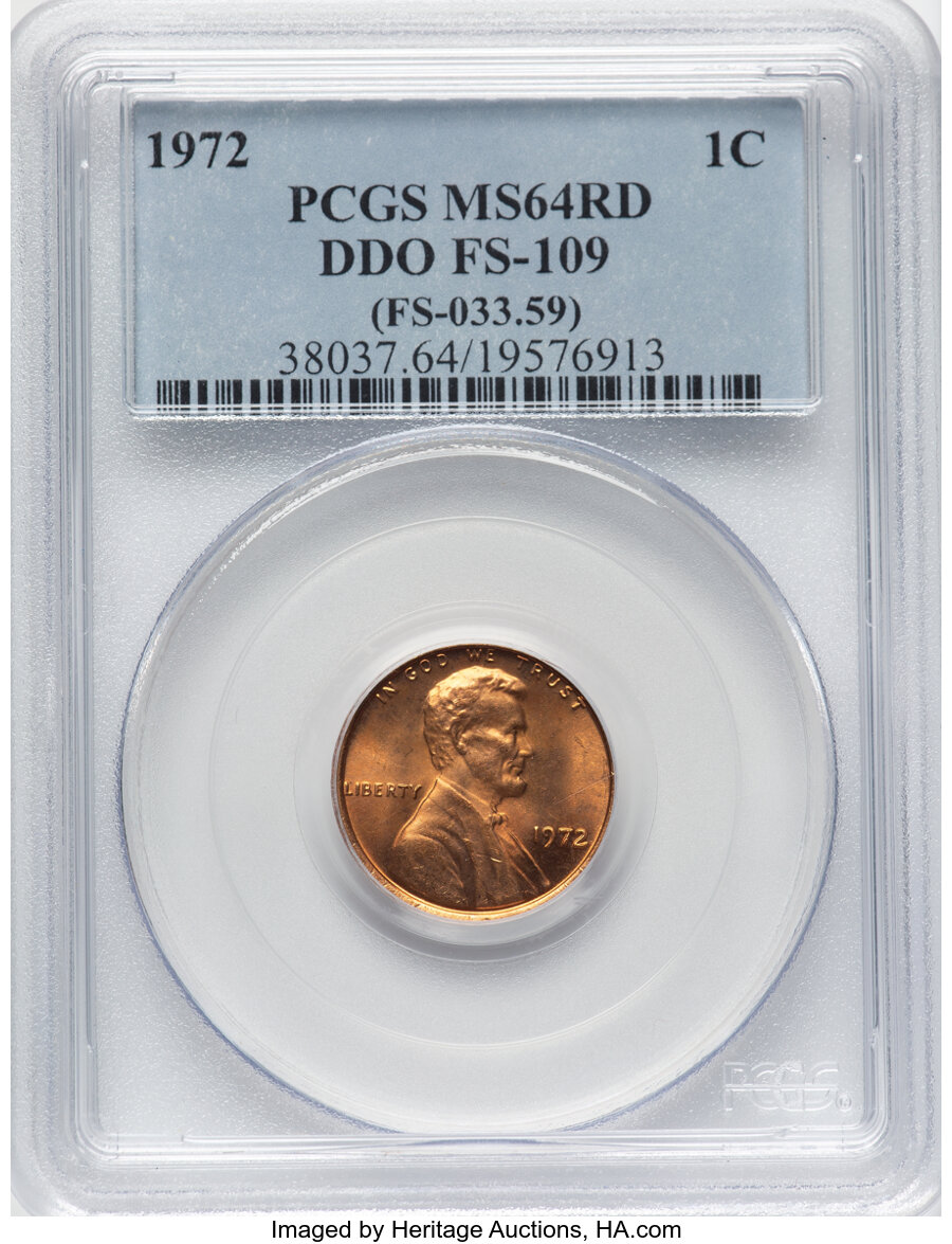 image for: 1972 1C Doubled Die Obverse , FS-109 MS64 Red PCGS. (FS-033.59). PCGS Population: (46/59).  Mintage 2,933,225,000....