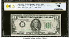image for: Fr. 2152-F* $100 1934 Federal Reserve Star Note. PCGS Banknote Very Fine 30....