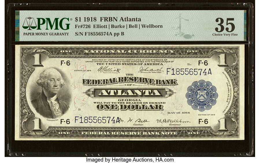 image for: Fr. 726 $1 1918 Federal Reserve Bank Note PMG Choice Very Fine 35....